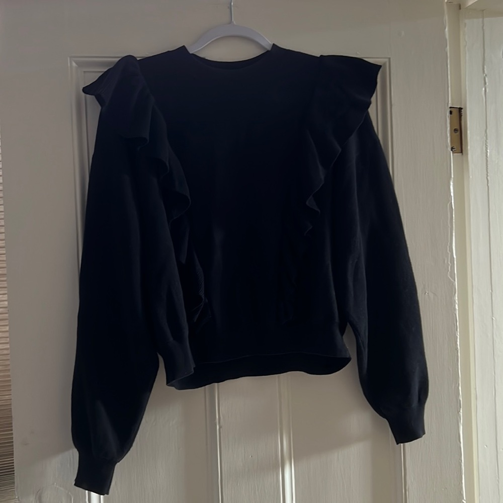 & Other Stories black sweater, ruffles front/back w/ puff sleeves, size Small